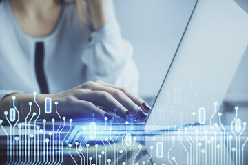 Aufkleber - Multi exposure of woman hands working on computer and data theme hologram drawing. Tech concept.