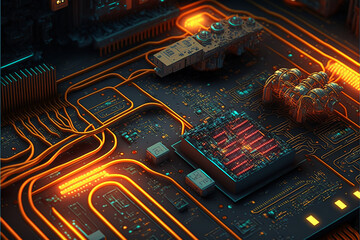 Fototapete - Microchip on the motherboard with glowing eletronic circuits created with Generative AI technology
