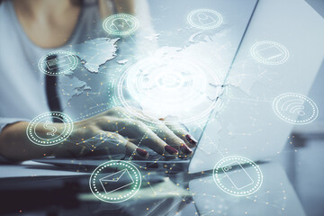 Poster - Double exposure of woman hands typing on computer and social network theme hologram drawing. People media concept.