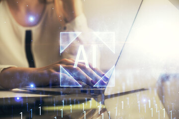 Aufkleber - Multi exposure of woman hands working on computer and data theme hologram drawing. Tech concept.