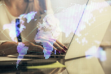 Fototapete - Multi exposure of woman hands typing on computer and business theme hologram drawing. Success concept.