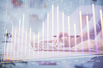 Poster - Multi exposure of woman hands typing on computer and financial chart hologram drawing. Stock market analysis concept.