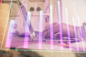 Poster - Double exposure of woman hands typing on computer and forex chart hologram drawing. Stock market invest concept.