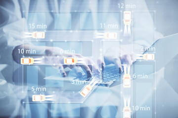 Poster - Double exposure of woman hands typing on computer and automobile theme drawing. High Tech concept.