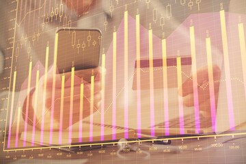 Aufkleber - Double exposure of man hands holding a credit card and Forex graph drawing. Stock trading and digital fintech in Internet E-commerce concept.