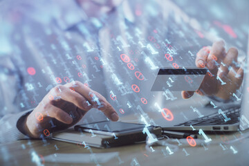 Aufkleber - Double exposure of man hands holding a credit card and data theme drawing. E-commerce and technology concept.