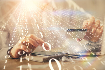 Poster - Double exposure of man hands holding a credit card and data theme drawing. E-commerce and technology concept.