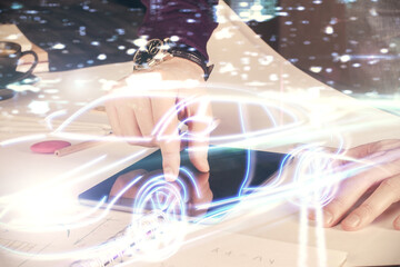 Poster - Double exposure of man's hands holding and using a digital device and automobile theme hologram drawing. Technology concept.