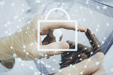 Poster - Multi exposure of man's hands holding and using a digital device and lock drawing. Security concept.
