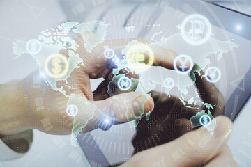 Poster - Multi exposure of man's hands holding and using a phone and financial chart drawing. Market analysis concept.