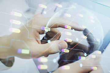 Aufkleber - Multi exposure of man's hands holding and using a digital device and map drawing. International business concept.