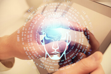 Poster - Double exposure of man's hand holding and using a digital device and brain hologram drawing. Data concept.