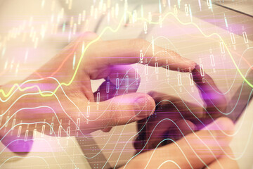Poster - Multi exposure of man's hands holding and using a phone and financial chart drawing. Market analysis concept.