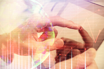Poster - Multi exposure of man's hands holding and using a phone and financial chart drawing. Market analysis concept.