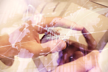 Poster - Multi exposure of man's hands holding and using a phone and financial chart drawing. Market analysis concept.