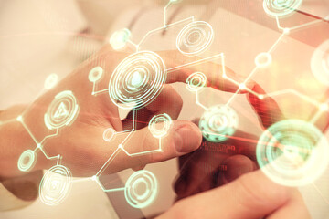 Poster - Double exposure of man's hands holding and using a phone and social network theme drawing.