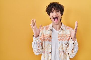 Sticker - Young man wearing casual summer shirt celebrating crazy and amazed for success with arms raised and open eyes screaming excited. winner concept