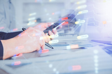 Aufkleber - Multi exposure of man's hands holding and using a digital device and data theme drawing. Innovation concept.