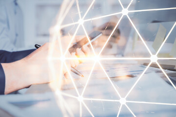 Poster - Double exposure of man's hands holding and using a phone and social network theme drawing.