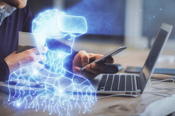 Aufkleber - Double exposure of man's hands holding and using a digital device and AR glasses drawing. Virtual reality concept.