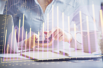 Aufkleber - Double exposure of forex chart sketch hologram and woman holding and using a mobile device. Financial market concept.