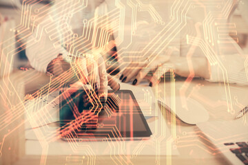 Fototapete - Double exposure of tech icon hologram and woman holding and using a mobile device. Technology concept.