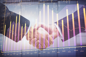 Poster - Double exposure of forex graph hologram and handshake of two men. Stock market concept.
