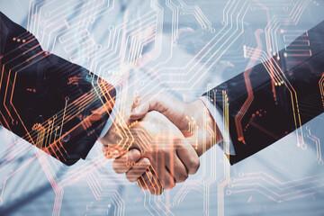 Fototapete - Double exposure of tech hologram and handshake of two men. Deal concept.