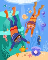 Cute divers with sea creatures underwater. Cartoon illustration. Vector image, scene for games, workbooks, posters. 