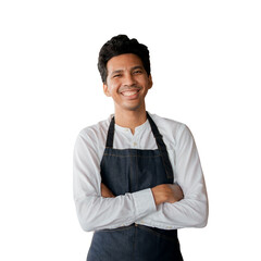 close up asian man barista arm crossed and smile during standing on transparent background for SME business and png design concept