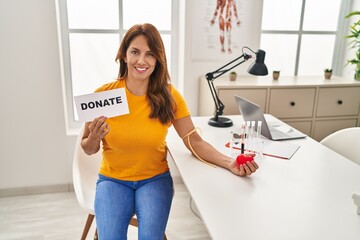 Sticker - Hispanic woman supporting blood donation smiling with a happy and cool smile on face. showing teeth.