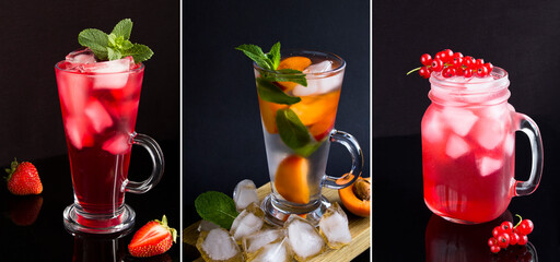 Wall Mural - Collage of summer cold drink. Lemonade or infused water with strawberry, apricot and red currant in the drinking glasses on the black background.