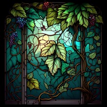 Stained Glass Window With Flowers, Curly Vines With Leaves, AI GENERATIVE
