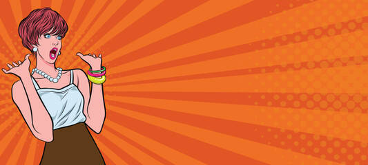 Pretty woman showing shocked expression, vintage style vector illustration. Cartoon.Orange background.