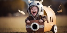 Glückliches Kind Spielt Flieger Auf Spielplatz Und Lacht, Ai Generativ