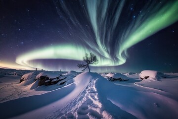 Aurora light night sky landscape snow land (Ai generated) 
