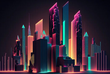 A futuristic night city in the distance glowing with neon light. Surrealistic skyscrapers. Cyberpunk, immersive world of the metaverse. 3D rendering. AI generated.