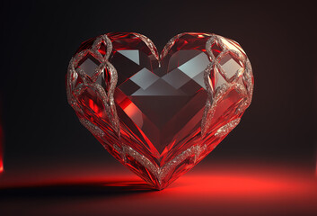 Poster - Crystal clear heart on a red background. Luxurious background for Valentine's Day. 3D render. AI generated.