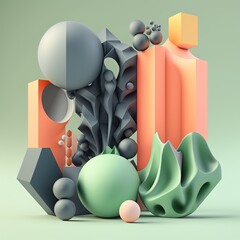 Poster - Abstract composition. Simple geometric shapes. Dark colored illustration. Floral elements. 3D rendering. Generative AI.