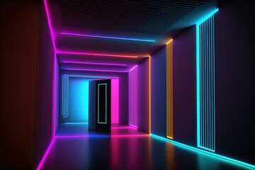 Wall Mural - Fantastic neon tunnel, virtual art gallery concept . Immersion in virtual reality, artificial intelligence. Dark abstract background with multicolored glow. 3D rendering. AI generated.