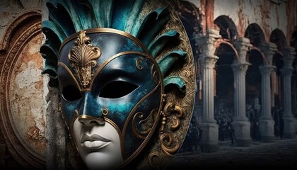  a blue and gold mask with ornate details on a black background with a white mask on top of the mask and a black and gold mask on the bottom of the mask.  generative ai