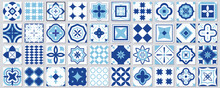 Collection Of Seamless Geometric Mosaic Patterns - Trendy Blue Tile Textures. Decorative Ornamental Backgrounds. Vector Repeatable Tileable Prints.