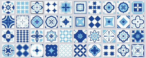 Collection of seamless geometric mosaic patterns - trendy blue tile textures. Decorative ornamental backgrounds. Vector repeatable tileable prints.