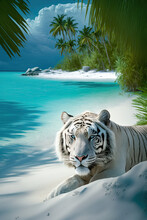 A White Tiger Relaxing On A White Sandy Beach - Generative Ai 