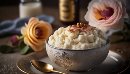 Poster -  a bowl of mashed potatoes on a plate with a spoon and flowers in the background and a bottle of milk in the foreground.  generative ai