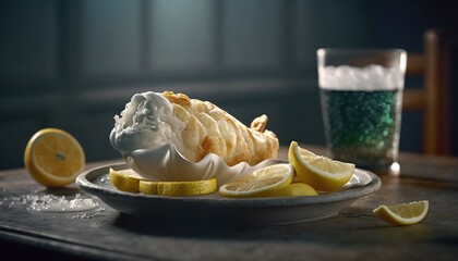 Poster -  a plate of food with lemons and ice cream on it next to a glass of water and a glass of soda on a table.  generative ai