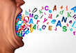 Grammer And Phonics or Learning language and spoken word and Autistic spectrum or Dyslexia disorder concept as an open human mouth made of Alphabet letters as a symbol for education and mental health 