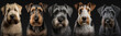 Portrait of five Terrier dogs on black background made with Generative AI.
