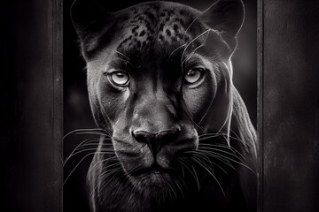 Wall Mural - Schwarz weiß Portrait von einem Panther. Perfektes Wandbild - Generative Ai