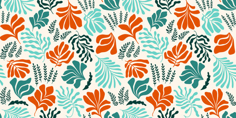 Wall Mural - Abstract background with leaves and flowers, Matisse style. Vector seamless pattern with Scandinavian cut out elements.